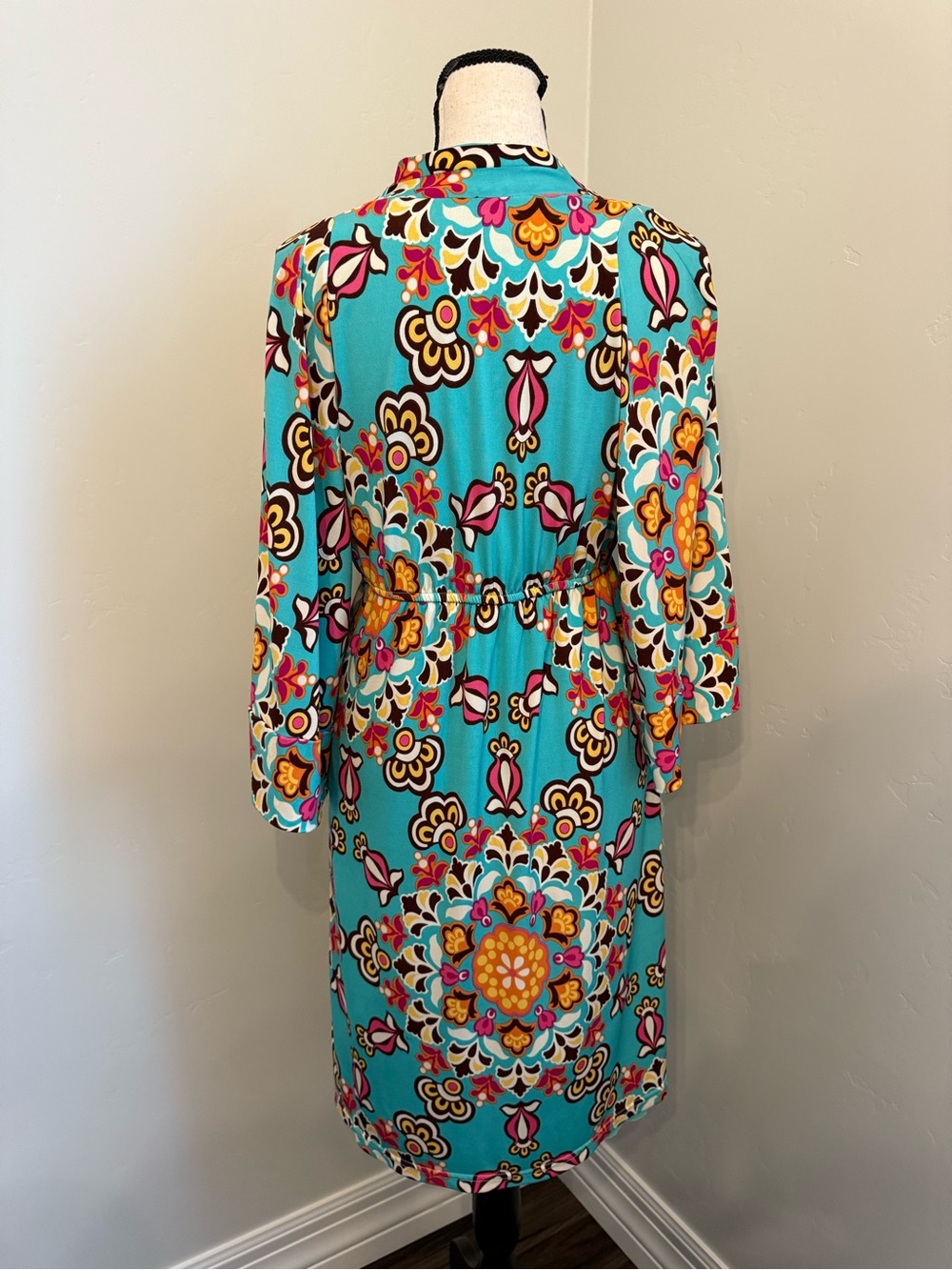 Judith March Boho Empire Waist Midi Dress Large Turquoise Retro Floral Made USA - Picture 11 of 12